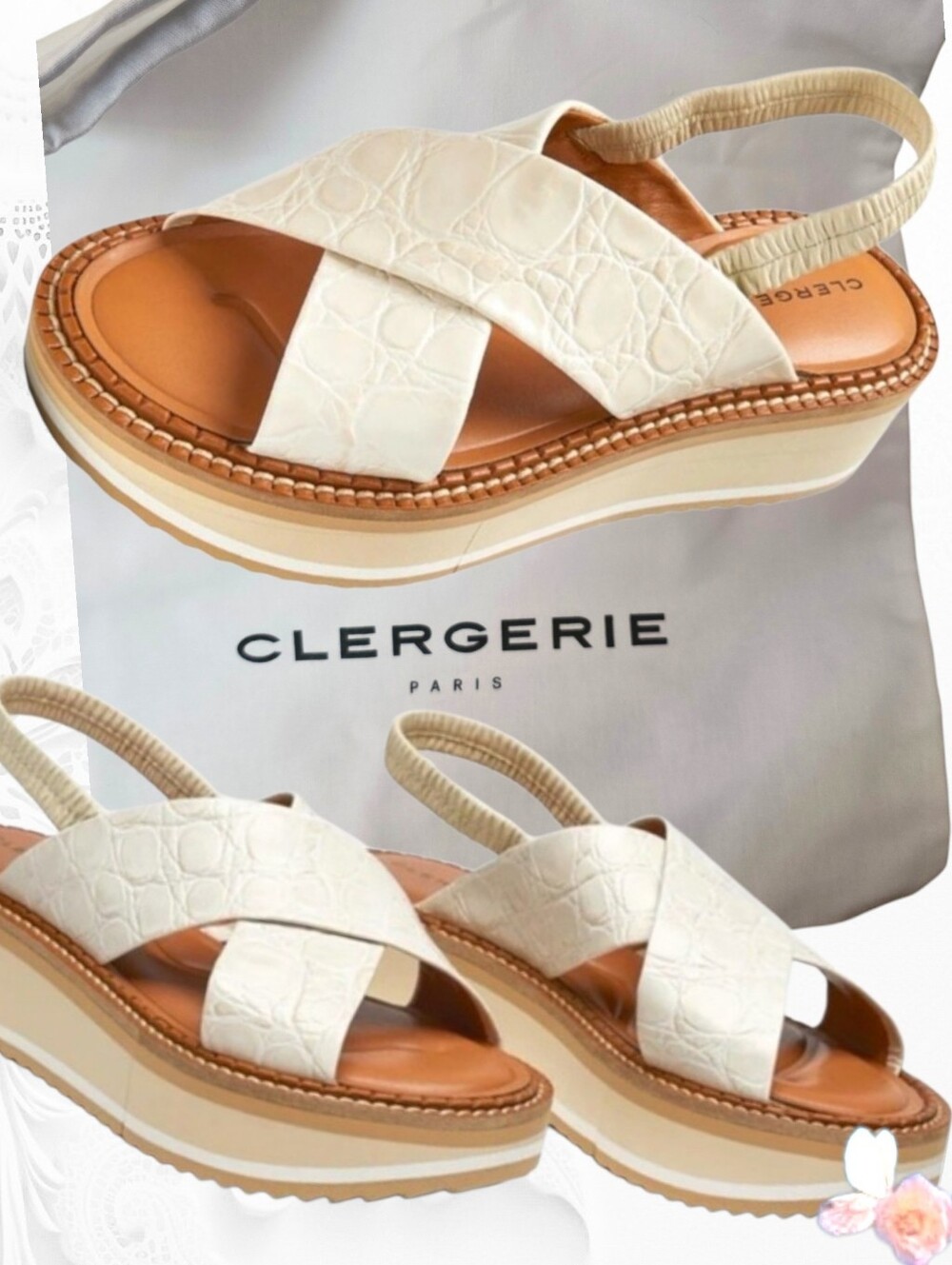 NIB Robert Clergerie Freedoc V.Maxi 9583 Croc‑Embossed Slingback Sandals – Straw